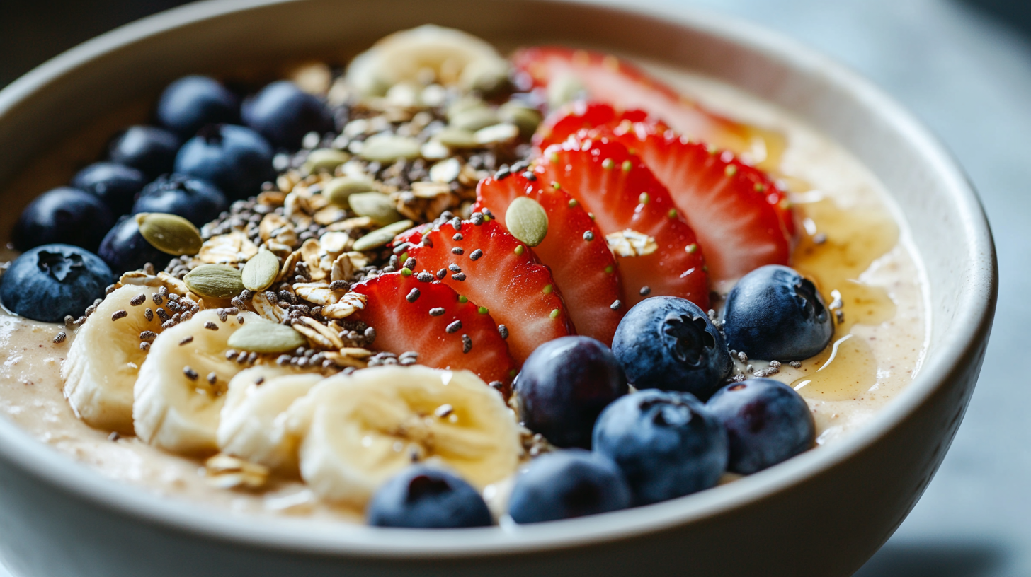 banana smoothie bowl with toasted seeds