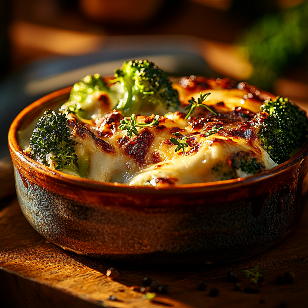 golden cheesy garlic broccoli gratin