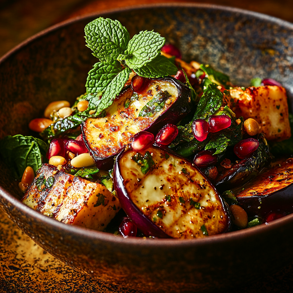 crispy halloumi & roasted eggplant salad