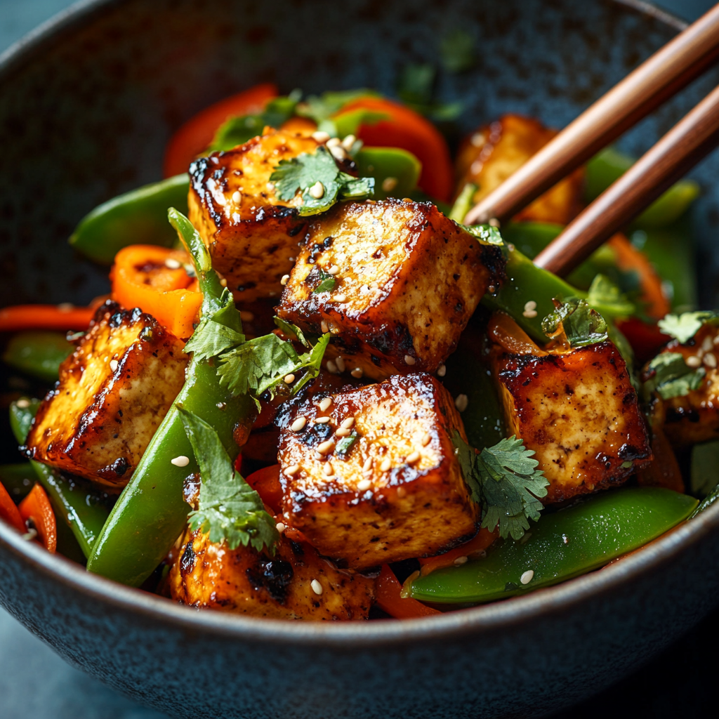 crispy sesame garlic tofu stir fry