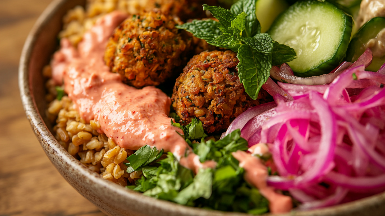 Falafel & Farro Bowl with Roasted Red Pepper Hummus