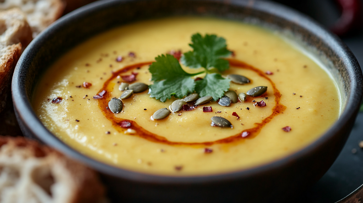 Golden Cauliflower Soup with Toasted Pumpkin Seeds & Chili Oil