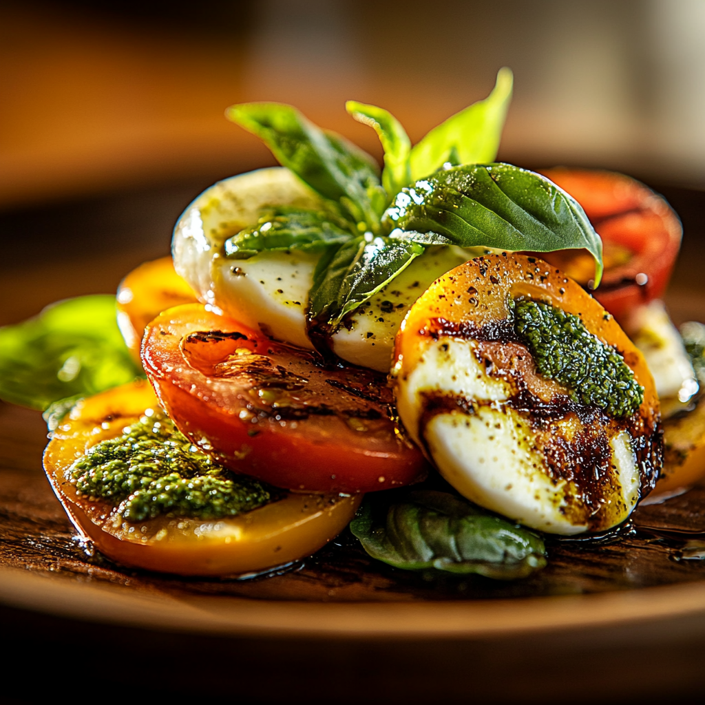pesto drizzled caprese salad