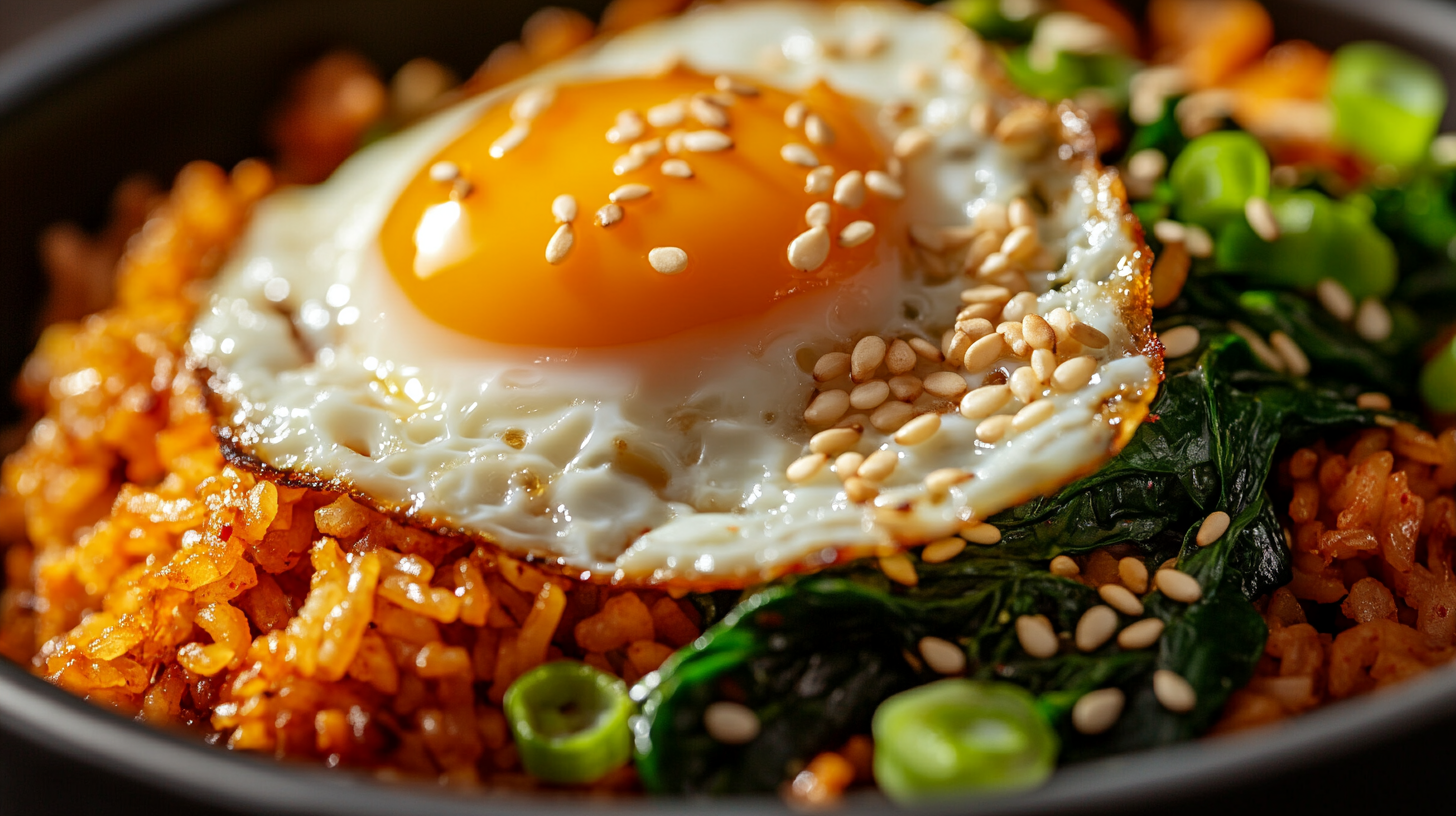 Kimchi Fried Rice with Soft Egg & Sesame Greens