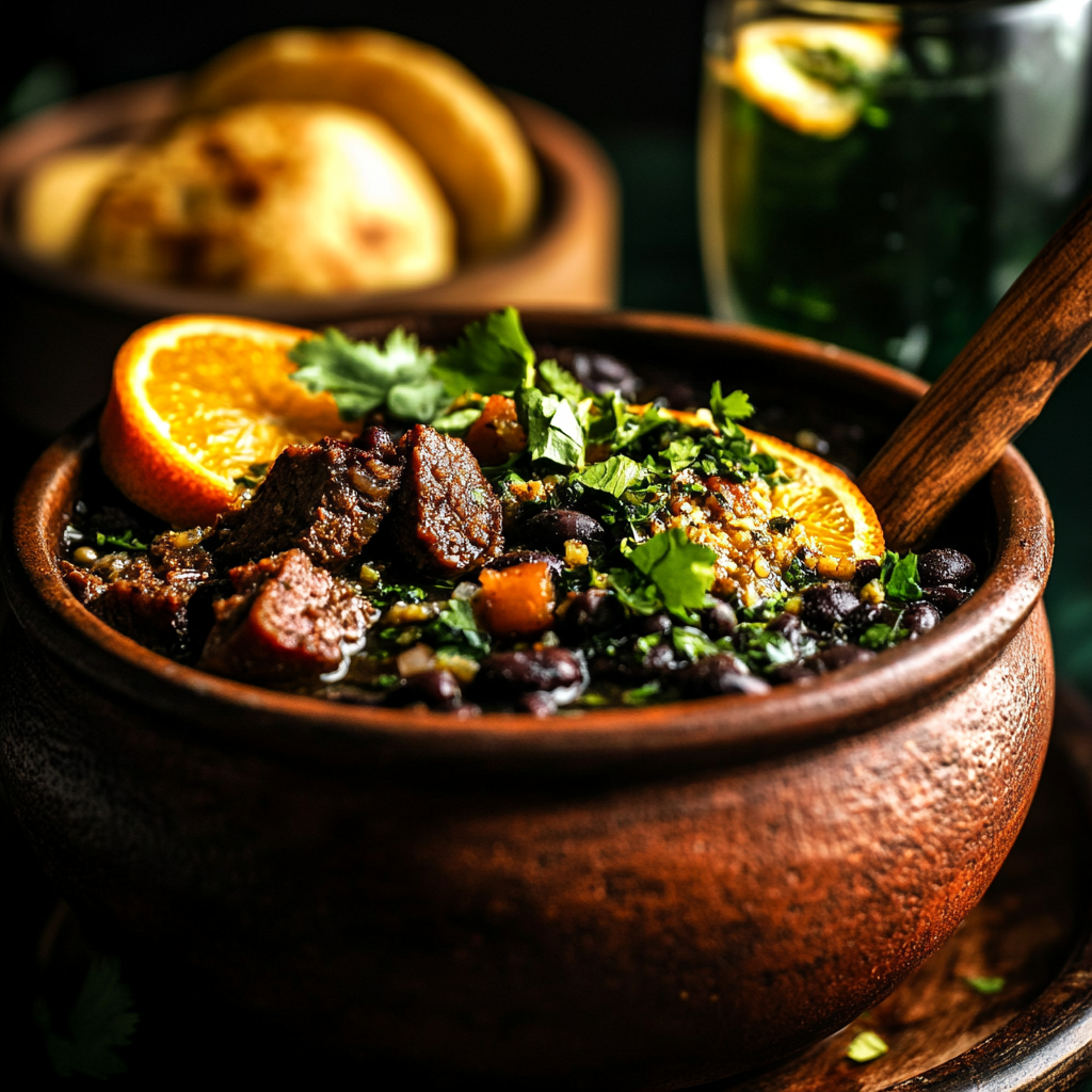 smoky brazilian black bean stew with crispy garlic farofa